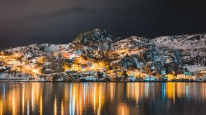 Preview wallpaper mountains, lake, village, night, light, snow