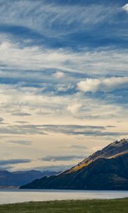 Preview wallpaper mountains, lake, water, grass, landscape, travel