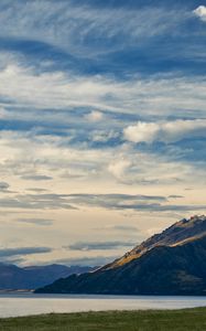 Preview wallpaper mountains, lake, water, grass, landscape, travel