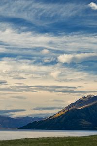 Preview wallpaper mountains, lake, water, grass, landscape, travel