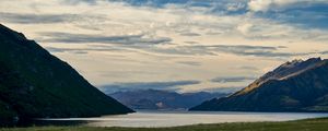 Preview wallpaper mountains, lake, water, grass, landscape, travel