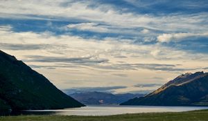 Preview wallpaper mountains, lake, water, grass, landscape, travel