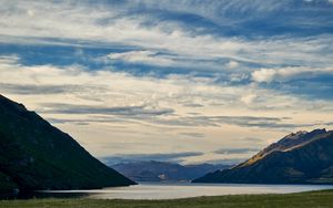 Preview wallpaper mountains, lake, water, grass, landscape, travel