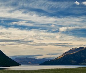 Preview wallpaper mountains, lake, water, grass, landscape, travel