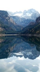 Preview wallpaper mountains, lake, water table, reflection, mirror, trees, branches