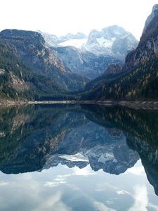 Preview wallpaper mountains, lake, water table, reflection, mirror, trees, branches