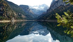 Preview wallpaper mountains, lake, water table, reflection, mirror, trees, branches