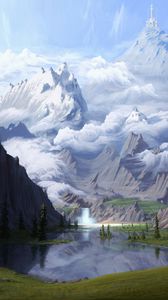 Preview wallpaper mountains, lake, waterfall, glade, forest, art