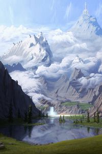 Preview wallpaper mountains, lake, waterfall, glade, forest, art