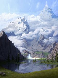 Preview wallpaper mountains, lake, waterfall, glade, forest, art