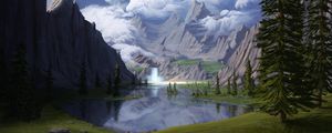 Preview wallpaper mountains, lake, waterfall, glade, forest, art
