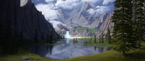 Preview wallpaper mountains, lake, waterfall, glade, forest, art