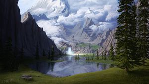 Preview wallpaper mountains, lake, waterfall, glade, forest, art