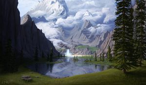 Preview wallpaper mountains, lake, waterfall, glade, forest, art