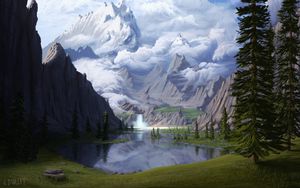 Preview wallpaper mountains, lake, waterfall, glade, forest, art
