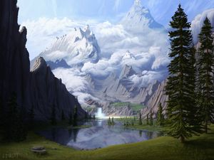 Preview wallpaper mountains, lake, waterfall, glade, forest, art