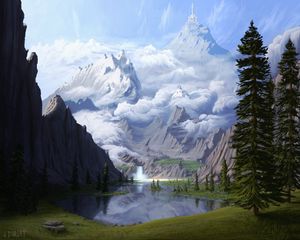 Preview wallpaper mountains, lake, waterfall, glade, forest, art
