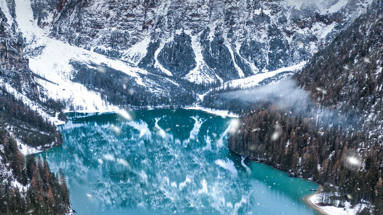 Wallpaper mountains, lake, winter, snowfall, aerial view, italy