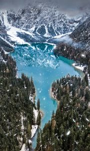 Preview wallpaper mountains, lake, winter, snowfall, aerial view, italy