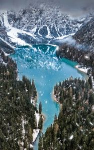 Preview wallpaper mountains, lake, winter, snowfall, aerial view, italy