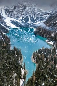 Preview wallpaper mountains, lake, winter, snowfall, aerial view, italy