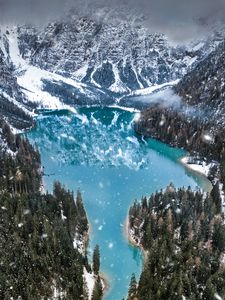 Preview wallpaper mountains, lake, winter, snowfall, aerial view, italy