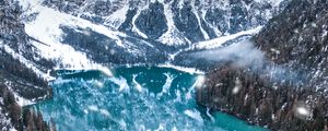 Preview wallpaper mountains, lake, winter, snowfall, aerial view, italy