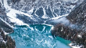 Preview wallpaper mountains, lake, winter, snowfall, aerial view, italy