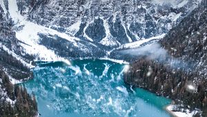 Preview wallpaper mountains, lake, winter, snowfall, aerial view, italy