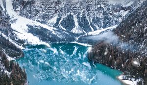 Preview wallpaper mountains, lake, winter, snowfall, aerial view, italy