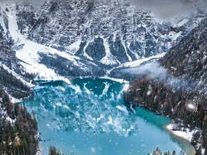 Preview wallpaper mountains, lake, winter, snowfall, aerial view, italy