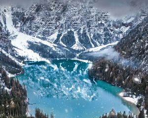 Preview wallpaper mountains, lake, winter, snowfall, aerial view, italy