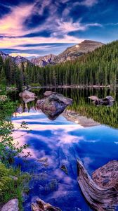 Preview wallpaper mountains, lake, wood, coast, reflection, mirror, clouds, brightly, sky, snag, stones, contrast
