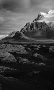 Preview wallpaper mountains, landscape, bw, hilly, gloomy