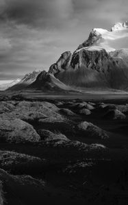 Preview wallpaper mountains, landscape, bw, hilly, gloomy