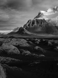 Preview wallpaper mountains, landscape, bw, hilly, gloomy