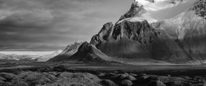 Preview wallpaper mountains, landscape, bw, hilly, gloomy