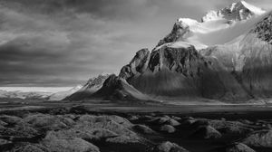 Preview wallpaper mountains, landscape, bw, hilly, gloomy