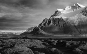 Preview wallpaper mountains, landscape, bw, hilly, gloomy