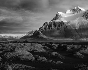 Preview wallpaper mountains, landscape, bw, hilly, gloomy