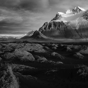 Preview wallpaper mountains, landscape, bw, hilly, gloomy