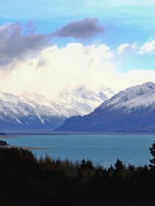 Preview wallpaper mountains, landscape, clouds, forest, lake