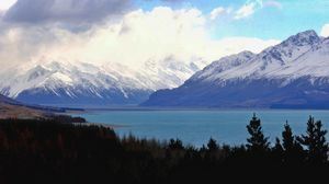 Preview wallpaper mountains, landscape, clouds, forest, lake