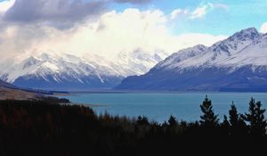 Preview wallpaper mountains, landscape, clouds, forest, lake