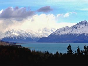 Preview wallpaper mountains, landscape, clouds, forest, lake