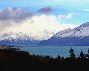 Preview wallpaper mountains, landscape, clouds, forest, lake