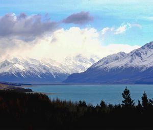 Preview wallpaper mountains, landscape, clouds, forest, lake