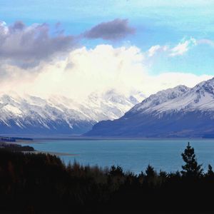 Preview wallpaper mountains, landscape, clouds, forest, lake