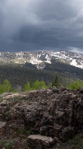 Preview wallpaper mountains, landscape, forest, trees, stones