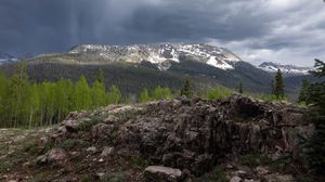 Preview wallpaper mountains, landscape, forest, trees, stones